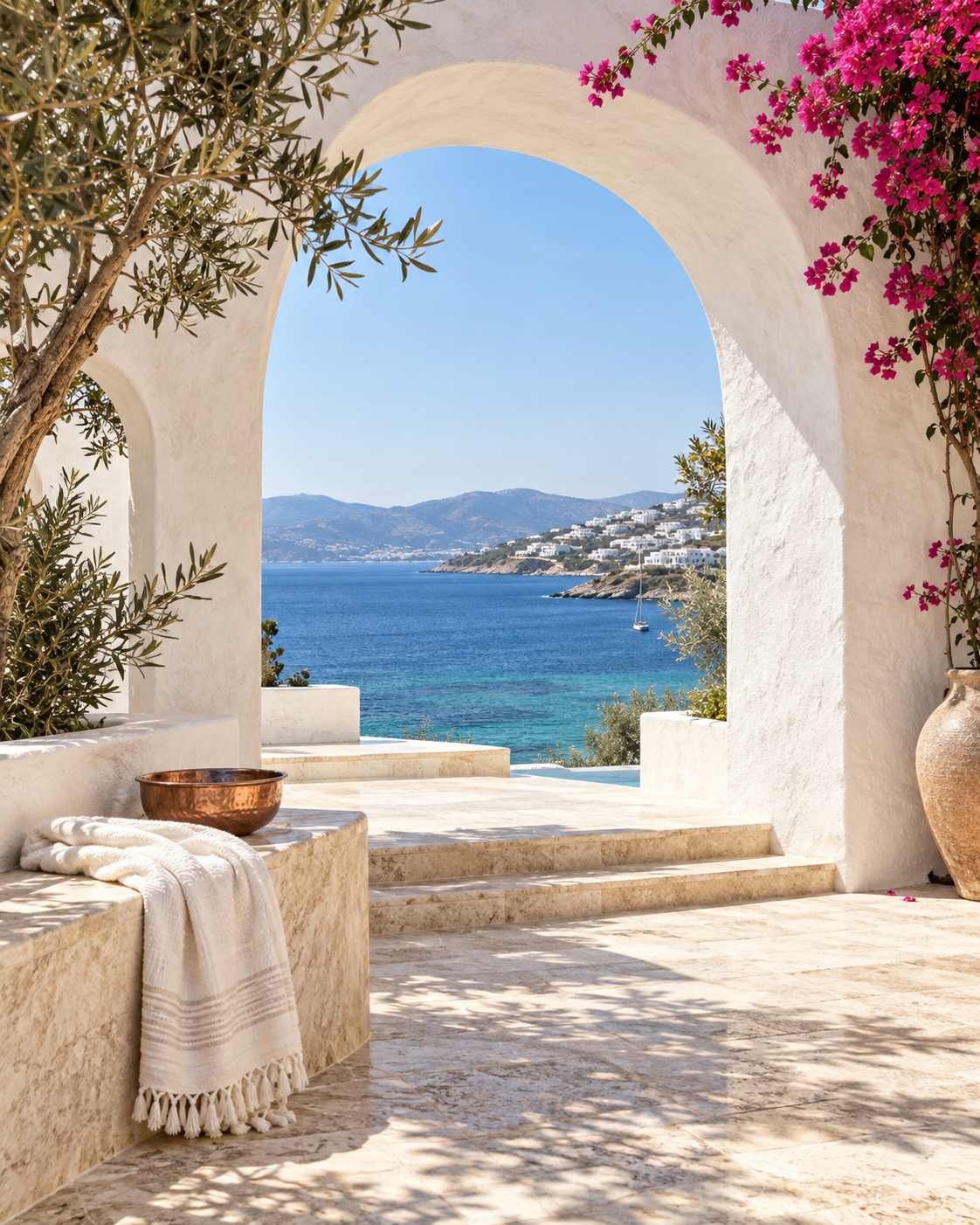 Bodrum'un beyaz taş kemerleri, begonvilleri ve Ege manzarasından ilham alan spa avlusu konsepti